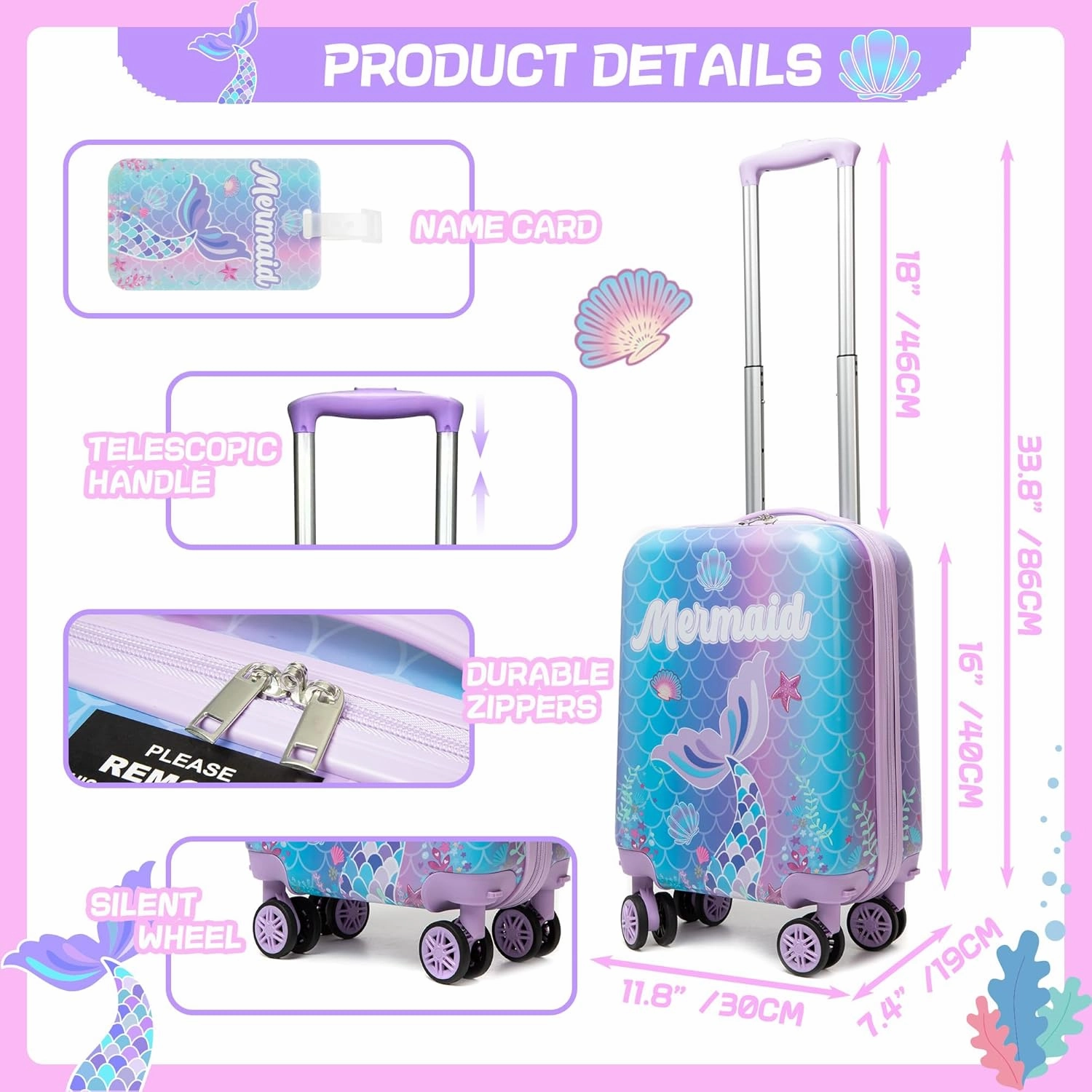 Cute Mermaid Kid’s Luggage Set 2 Piece Suitcase Set 16’’ Hardside Luggage with Spinner Wheels Girls Travel Rolling Luggage Carry on Luggage Airline Approved