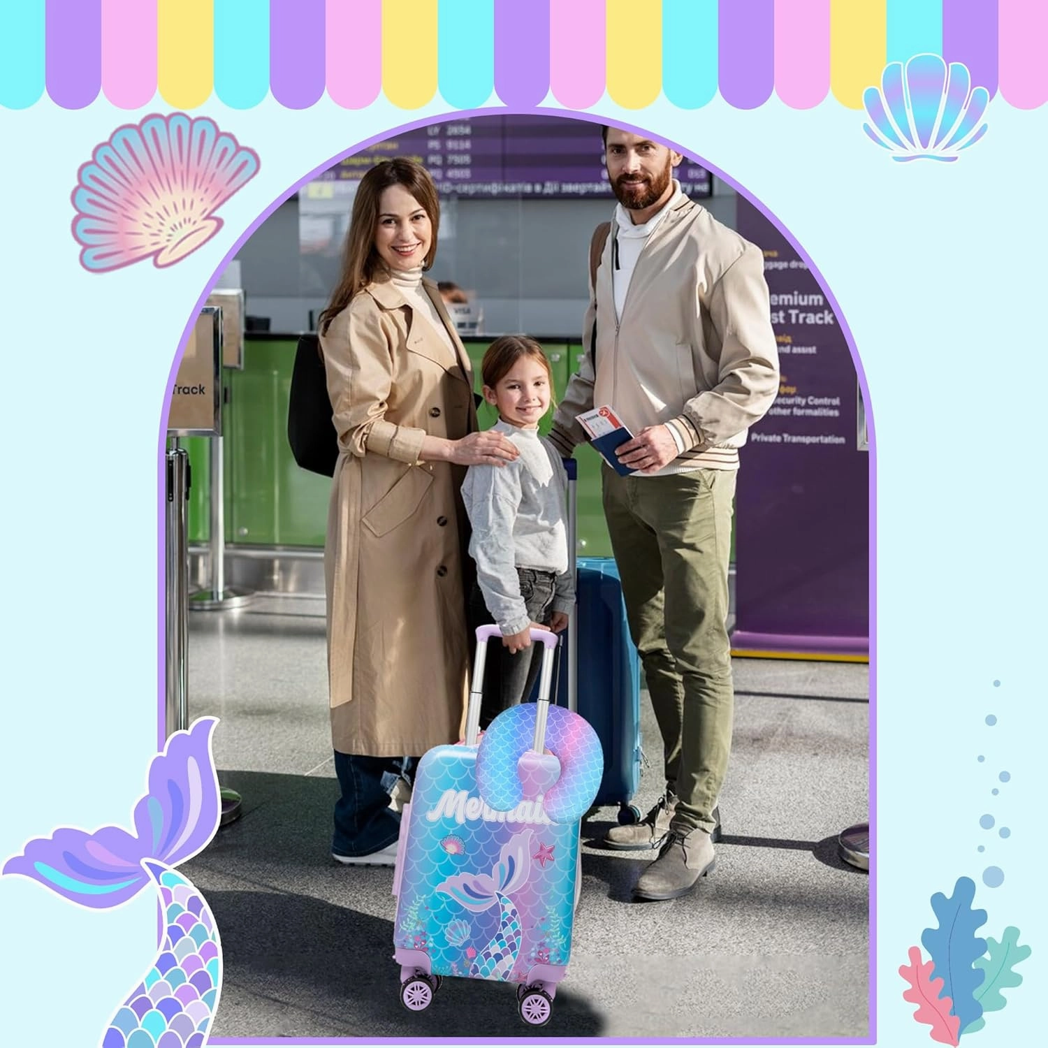 Cute Mermaid Kid’s Luggage Set 2 Piece Suitcase Set 16’’ Hardside Luggage with Spinner Wheels Girls Travel Rolling Luggage Carry on Luggage Airline Approved