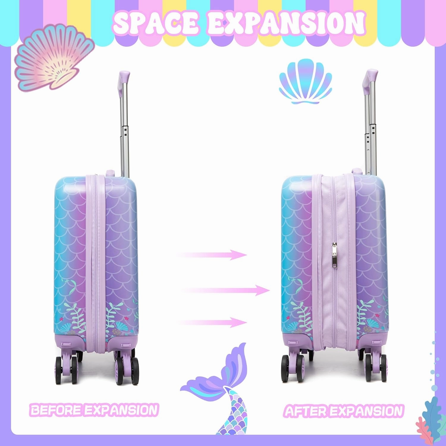 Cute Mermaid Kid’s Luggage Set 2 Piece Suitcase Set 16’’ Hardside Luggage with Spinner Wheels Girls Travel Rolling Luggage Carry on Luggage Airline Approved