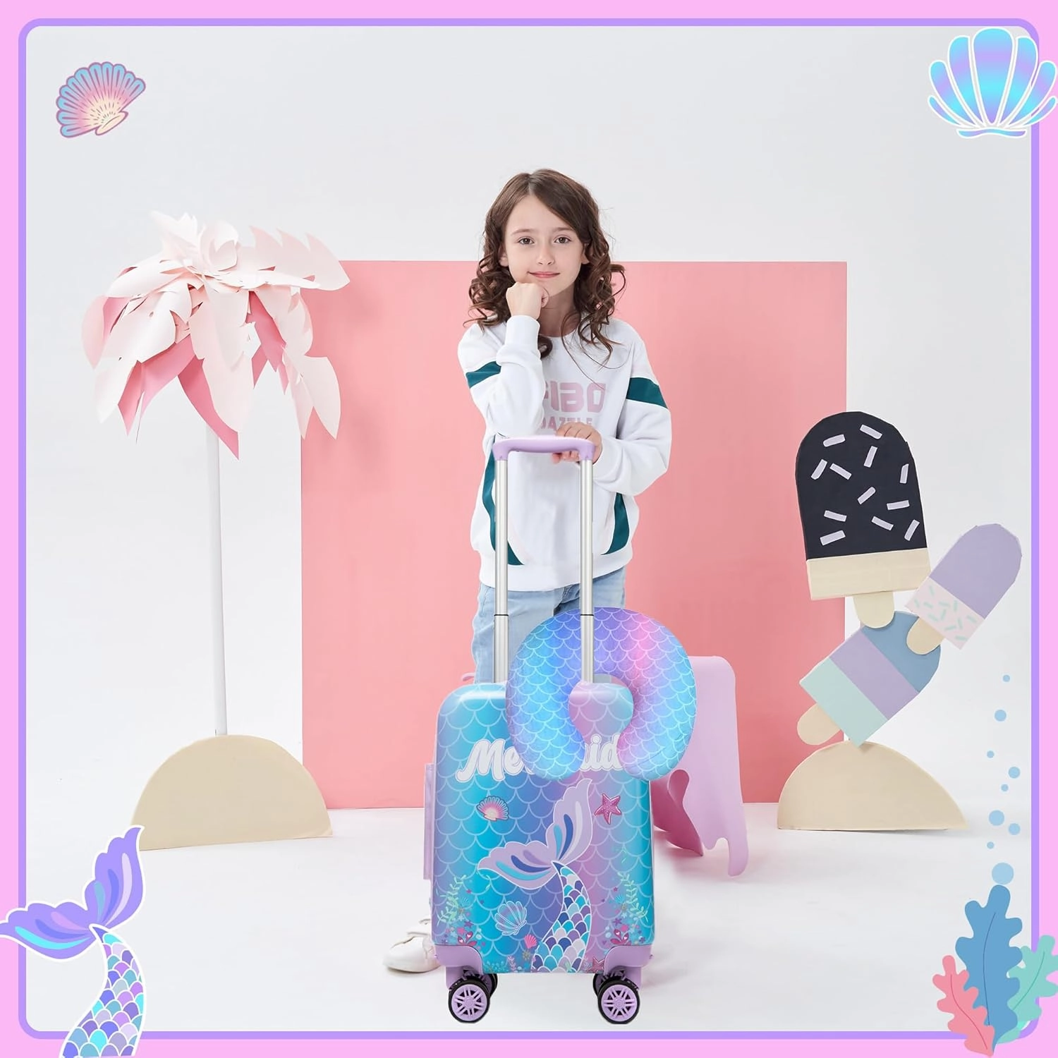 Cute Mermaid Kid’s Luggage Set 2 Piece Suitcase Set 16’’ Hardside Luggage with Spinner Wheels Girls Travel Rolling Luggage Carry on Luggage Airline Approved