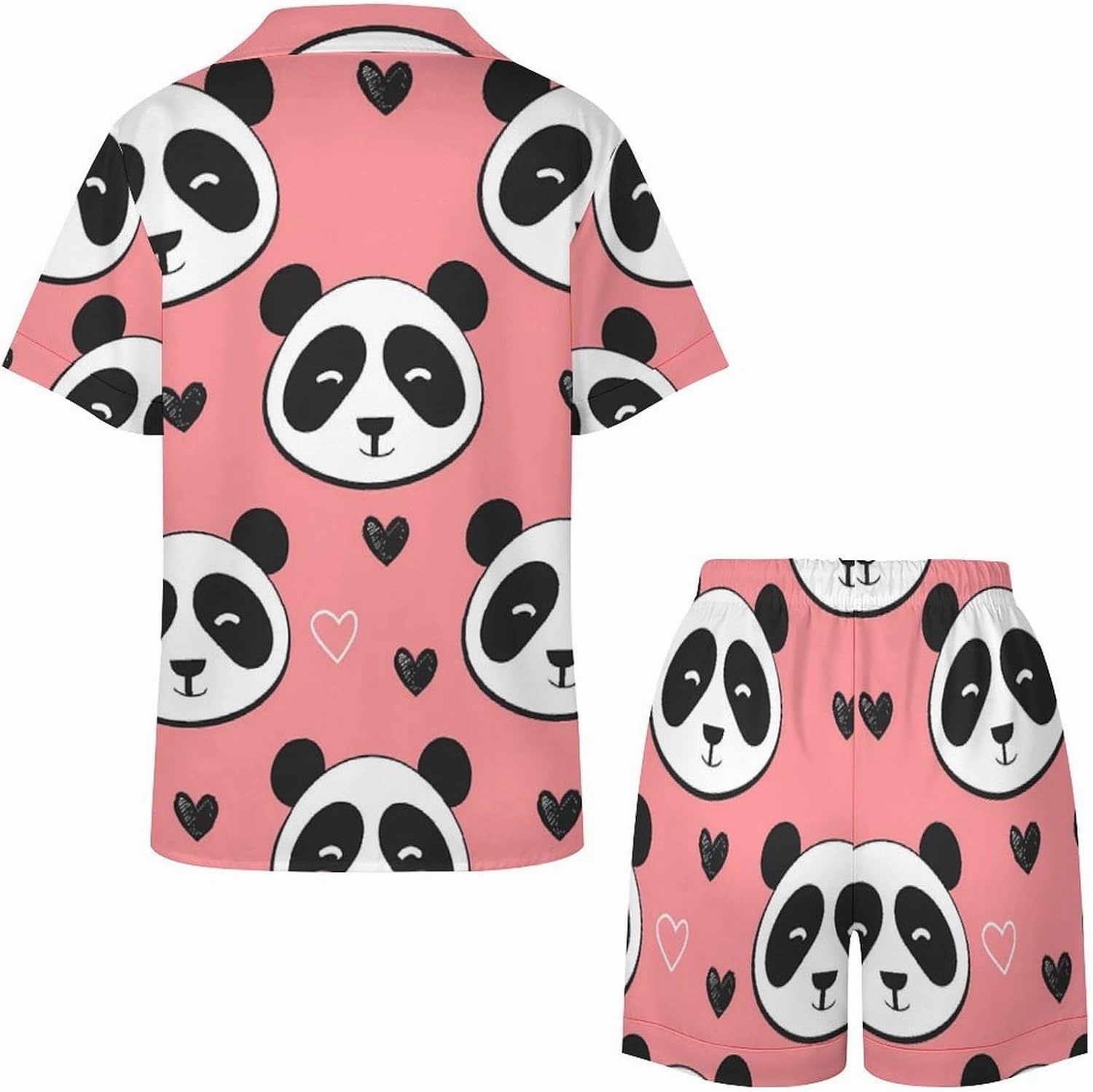 Cute Panda Women's Satin Pajama Set Short Sleeve Button Down Sleepwear Loungewear Pj Set