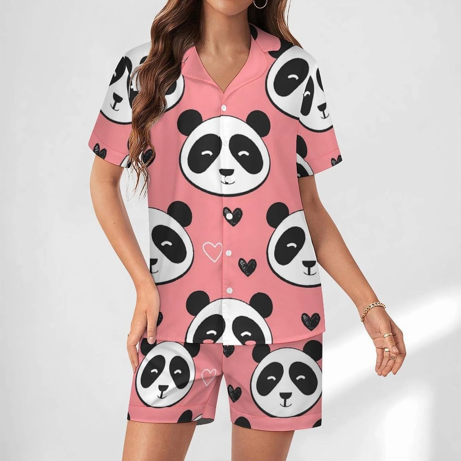 Cute Panda Women's Satin Pajama Set Short Sleeve Button Down Sleepwear Loungewear Pj Set