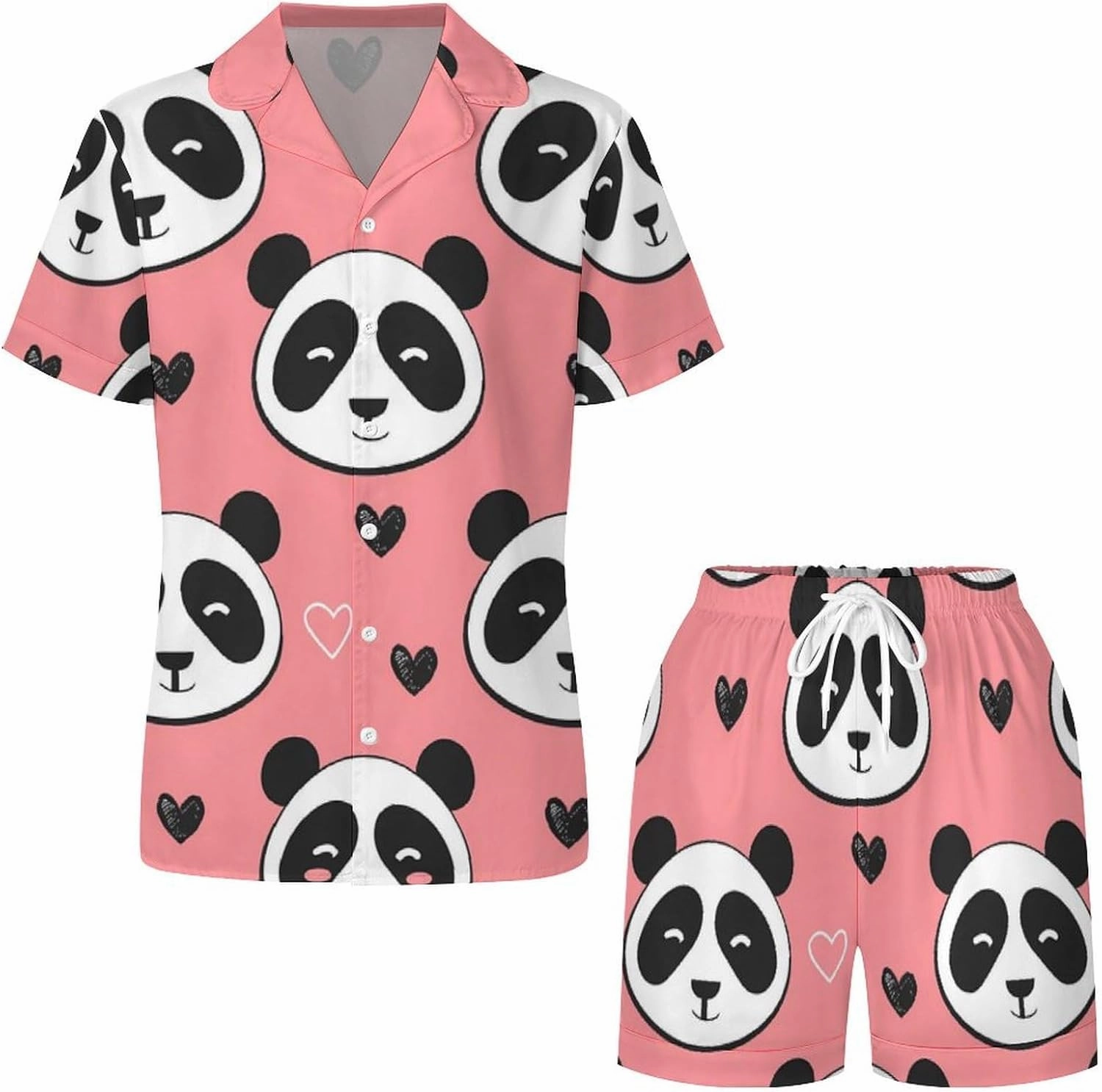 Cute Panda Women's Satin Pajama Set Short Sleeve Button Down Sleepwear Loungewear Pj Set