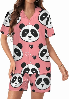Cute Panda Women's Satin Pajama Set Short Sleeve Button Down Sleepwear Loungewear Pj Set