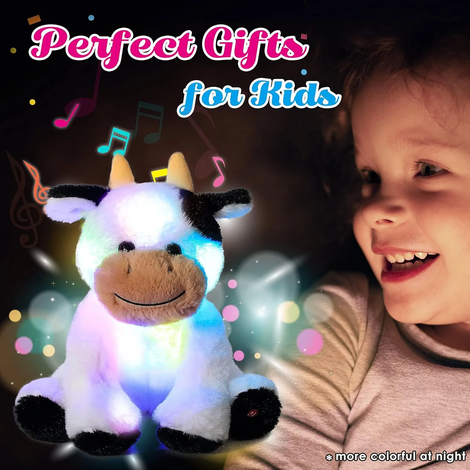 Cuteoy Musical Plush Cow Stuffed Animal Soft Glowing LED Light-up Nightlight Toys Singing Lullabies Birthday Christmas Plushies Gifts for Kids Boys Girls,10"