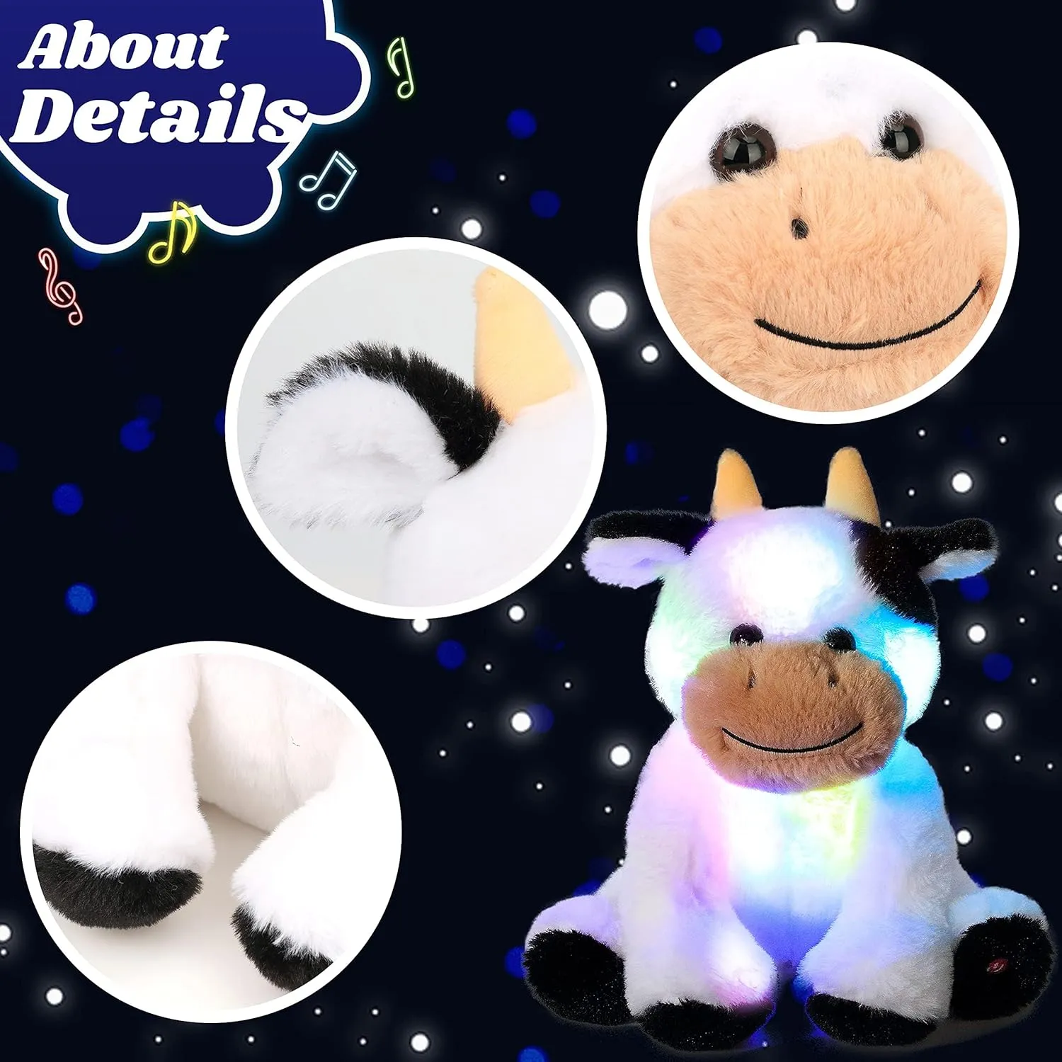 Cuteoy Musical Plush Cow Stuffed Animal Soft Glowing LED Light-up Nightlight Toys Singing Lullabies Birthday Christmas Plushies Gifts for Kids Boys Girls,10"