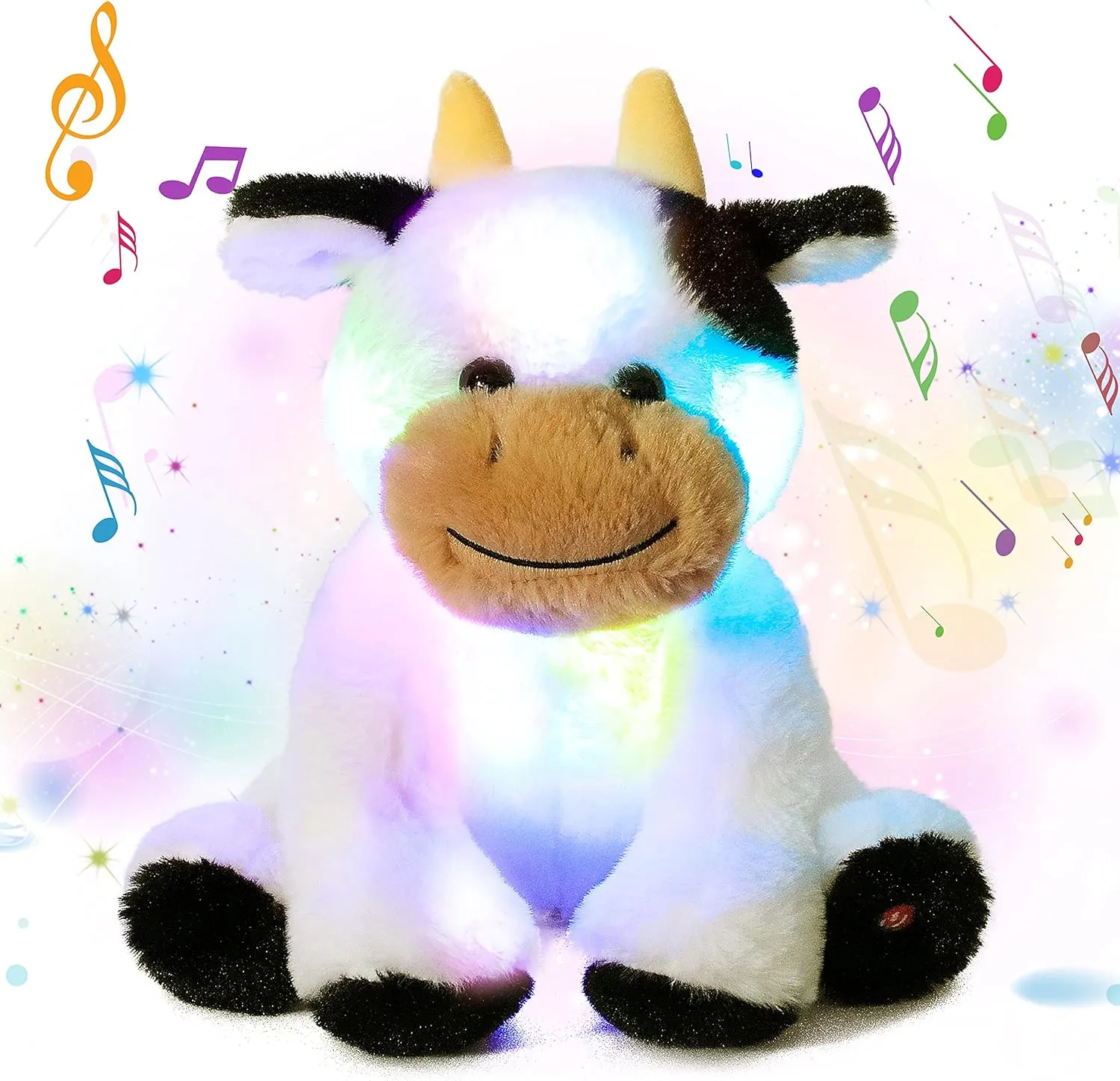 Cuteoy Musical Plush Cow Stuffed Animal Soft Glowing LED Light-up Nightlight Toys Singing Lullabies Birthday Christmas Plushies Gifts for Kids Boys Girls,10"