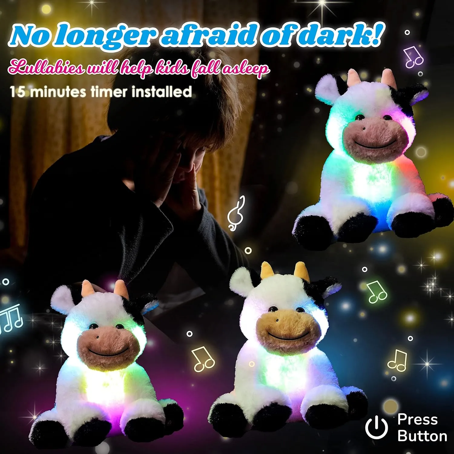 Cuteoy Musical Plush Cow Stuffed Animal Soft Glowing LED Light-up Nightlight Toys Singing Lullabies Birthday Christmas Plushies Gifts for Kids Boys Girls,10"