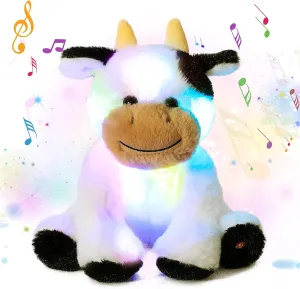 Cuteoy Musical Plush Cow Stuffed Animal Soft Glowing LED Light-up Nightlight Toys Singing Lullabies Birthday Christmas Plushies Gifts for Kids Boys Girls,10"