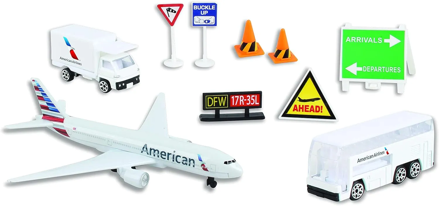 Daron American Airlines Airport Playset with Die-Cast Metal Model Airplane with Plastic Parts, Cars and Transportation Toys for Kids Ages 3 