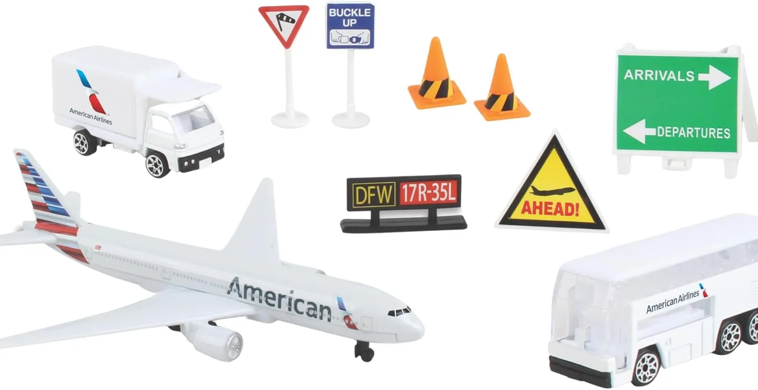 Daron American Airlines Airport Playset with Die-Cast Metal Model Airplane with Plastic Parts, Cars and Transportation Toys for Kids Ages 3 