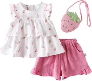 DAVE&BELLA Toddler Girls Summer Short Set Ruffle Sleeve Dress Top Pink Shorts Set Cotton Outfits with Strawberry Bag 3Pcs Set
