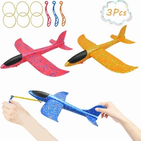 DC-BEAUTIFUL 3 Pack Upgrade 13.6" Airplane Toys, Throwing Plane 2 Flight Modes, Throwing Foam Airplanes with Rubber String Launch, Outdoor Sport Toy Party Favor Birthday Gift for Kids