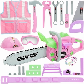 deAO Kids Tool Set Pink Tool Toys for Girls Pretend Play Toys with Electric Chainsaw Working Vest Hammer Accessories, Toddler Tool Set Construction Tool Kit for Toddler 3 