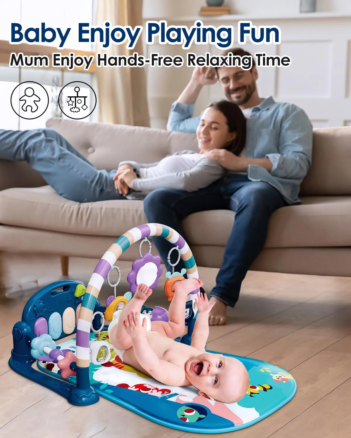 Dearlomum Baby Play Mat & Gym, Fun Piano Tummy Time Activity Mat with 5 Sensory Toys, Music & Lights - Boy & Girl Gifts, 0-12 Months (Blue)