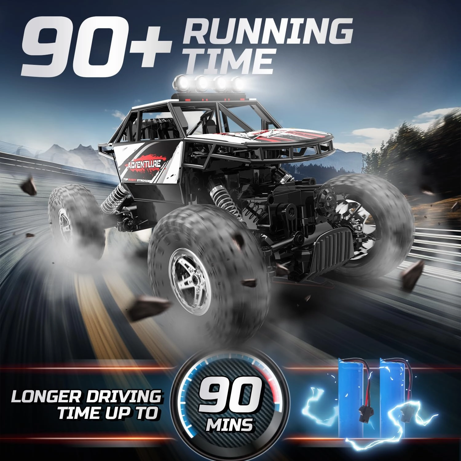 DEERC DE45 RC Cars Remote Control Car 1:14 Off Road Monster Truck,Metal Shell 4WD Dual Motors LED Headlight Rock Crawler,2.4Ghz All Terrain Hobby Truck with 2 Batteries for 90 Min Play,Boy Adult Gifts