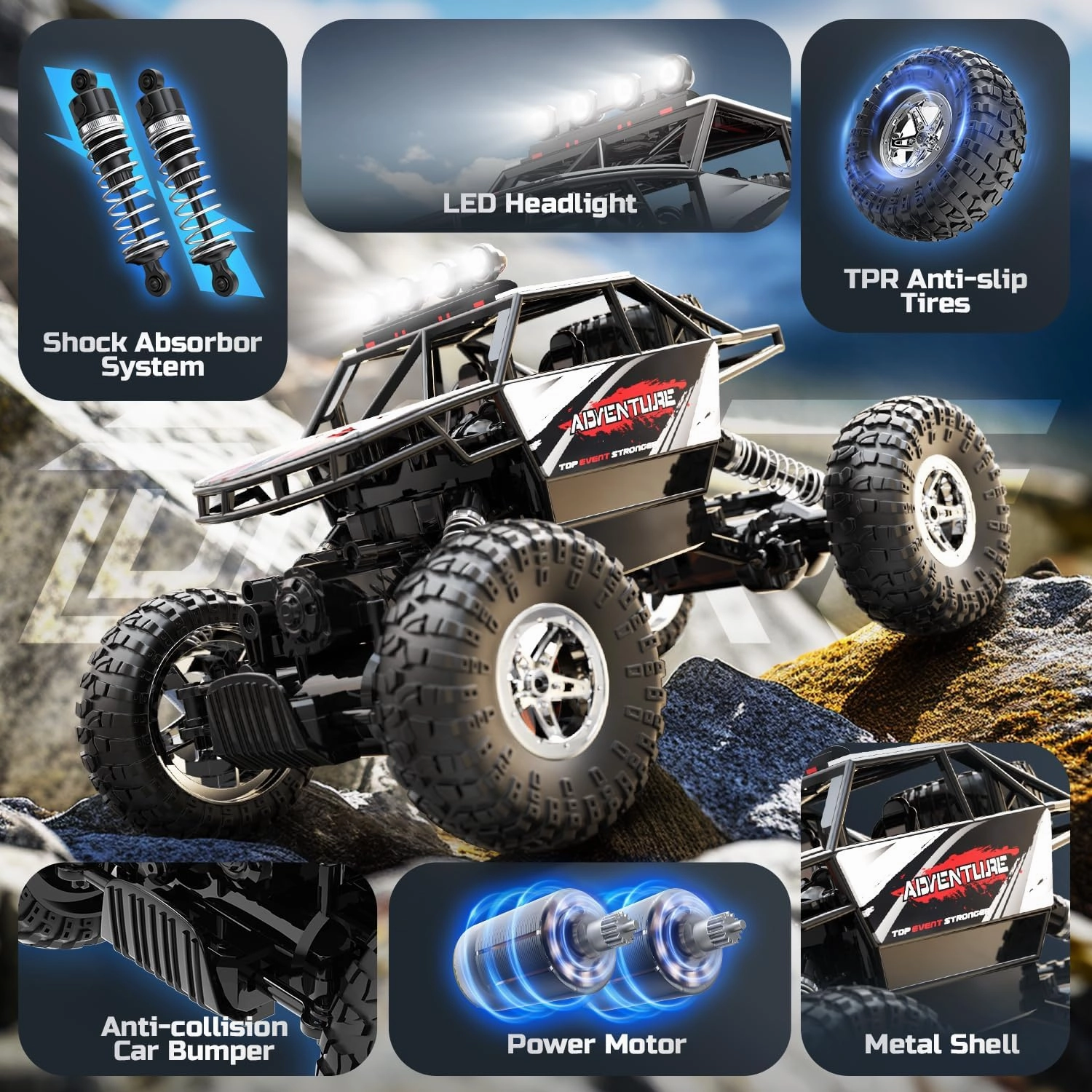 DEERC DE45 RC Cars Remote Control Car 1:14 Off Road Monster Truck,Metal Shell 4WD Dual Motors LED Headlight Rock Crawler,2.4Ghz All Terrain Hobby Truck with 2 Batteries for 90 Min Play,Boy Adult Gifts