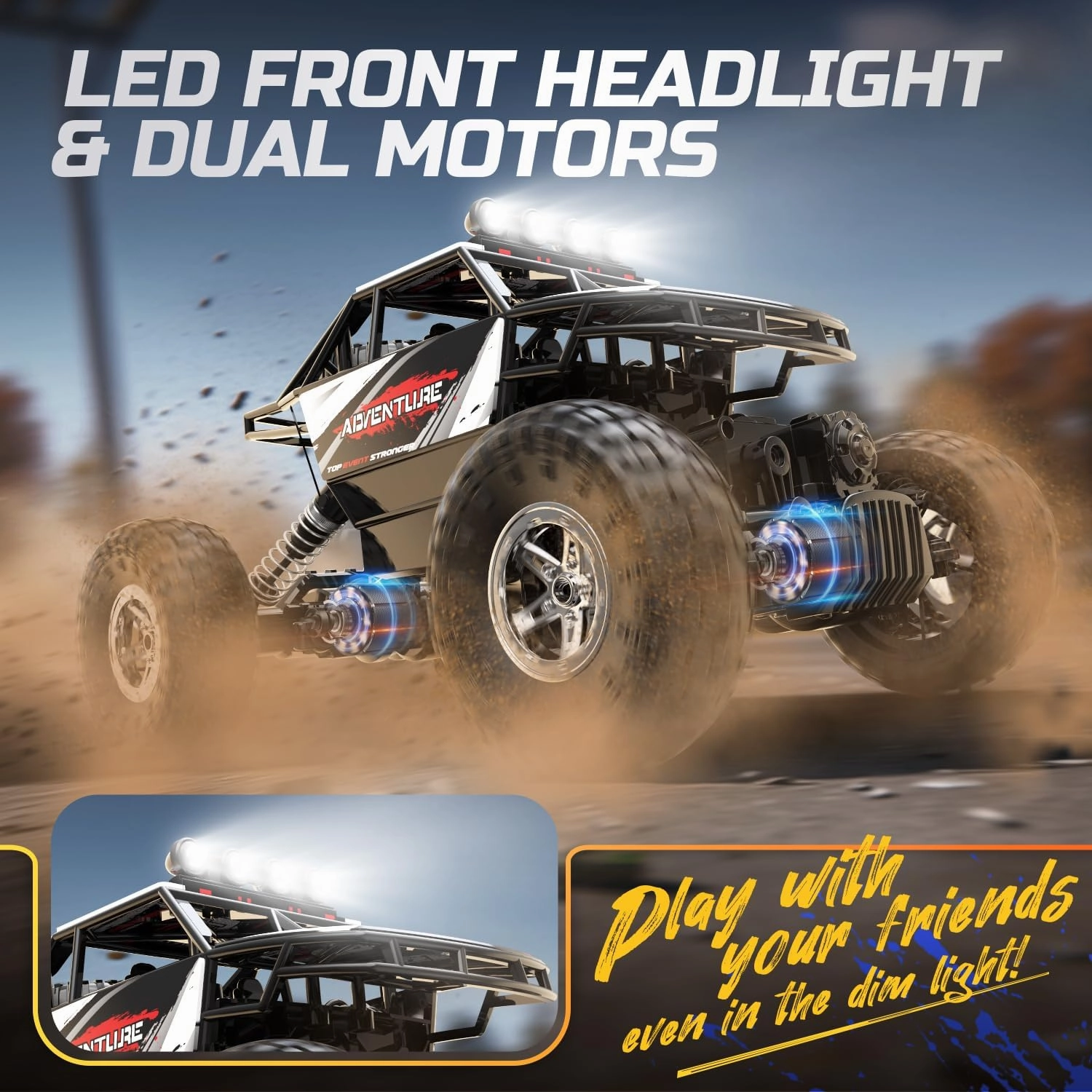 DEERC DE45 RC Cars Remote Control Car 1:14 Off Road Monster Truck,Metal Shell 4WD Dual Motors LED Headlight Rock Crawler,2.4Ghz All Terrain Hobby Truck with 2 Batteries for 90 Min Play,Boy Adult Gifts