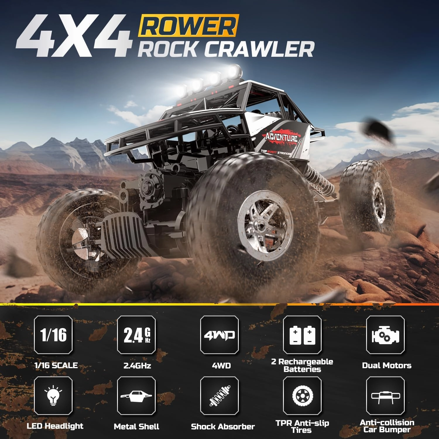 DEERC DE45 RC Cars Remote Control Car 1:14 Off Road Monster Truck,Metal Shell 4WD Dual Motors LED Headlight Rock Crawler,2.4Ghz All Terrain Hobby Truck with 2 Batteries for 90 Min Play,Boy Adult Gifts