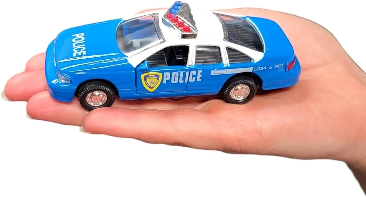 Die-Cast Pull Back Police Car - Caprice (4.5") Chevy Blue, White and Black. Openable Doors, Pull Back Action. Realistic Highway Patrol Police Vehicles (3 Pack