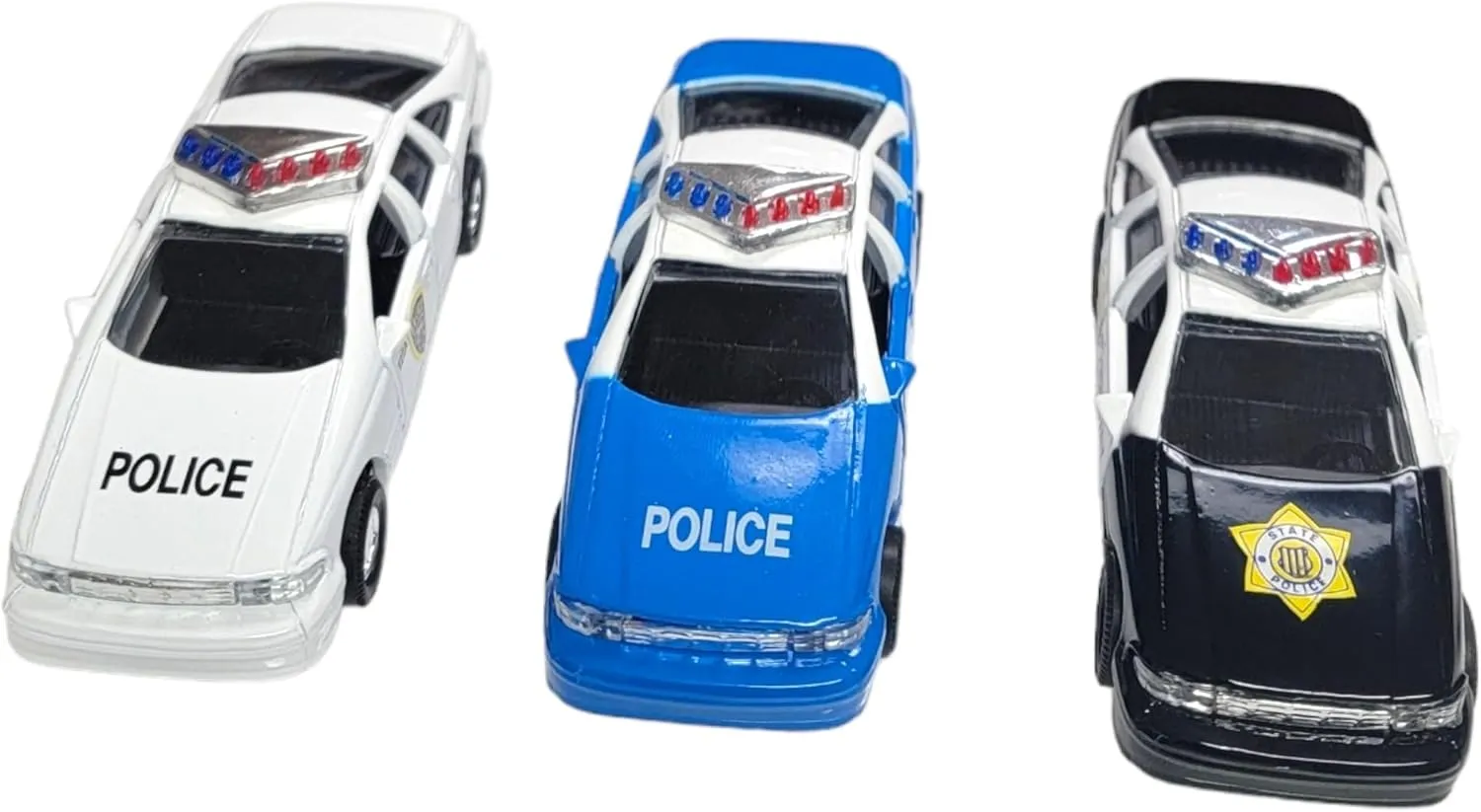 Die-Cast Pull Back Police Car - Caprice (4.5") Chevy Blue, White and Black. Openable Doors, Pull Back Action. Realistic Highway Patrol Police Vehicles (3 Pack