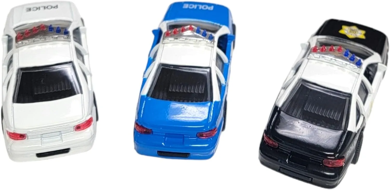 Die-Cast Pull Back Police Car - Caprice (4.5") Chevy Blue, White and Black. Openable Doors, Pull Back Action. Realistic Highway Patrol Police Vehicles (3 Pack