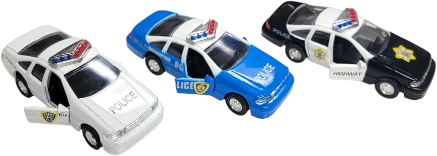 Die-Cast Pull Back Police Car - Caprice (4.5") Chevy Blue, White and Black. Openable Doors, Pull Back Action. Realistic Highway Patrol Police Vehicles (3 Pack