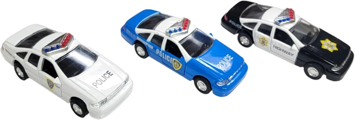 Die-Cast Pull Back Police Car - Caprice (4.5") Chevy Blue, White and Black. Openable Doors, Pull Back Action. Realistic Highway Patrol Police Vehicles (3 Pack