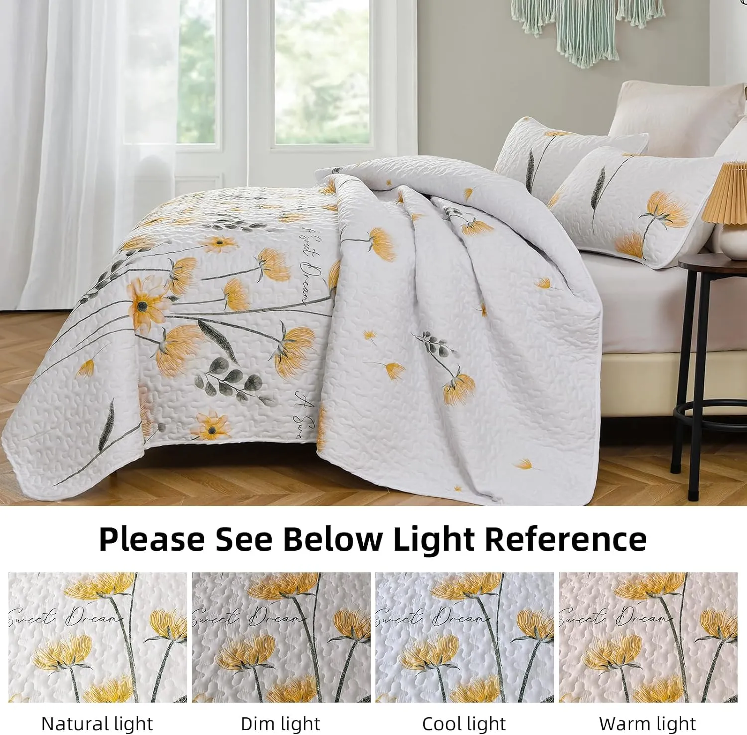 Dinjoy Quilt Set Queen Cute Floral Bedspread Coverlet Yellow Flower Quilts Microfiber Lightweight Summer Bedding Sets Reversible Soft Quilted Bed Cover for All Season(90"x96")
