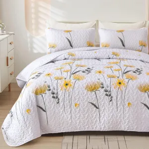 Dinjoy Quilt Set Queen Cute Floral Bedspread Coverlet Yellow Flower Quilts Microfiber Lightweight Summer Bedding Sets Reversible Soft Quilted Bed Cover for All Season(90"x96")