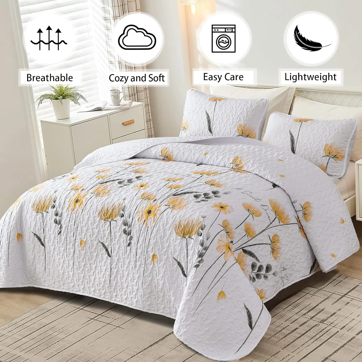 Dinjoy Quilt Set Queen Cute Floral Bedspread Coverlet Yellow Flower Quilts Microfiber Lightweight Summer Bedding Sets Reversible Soft Quilted Bed Cover for All Season(90"x96")