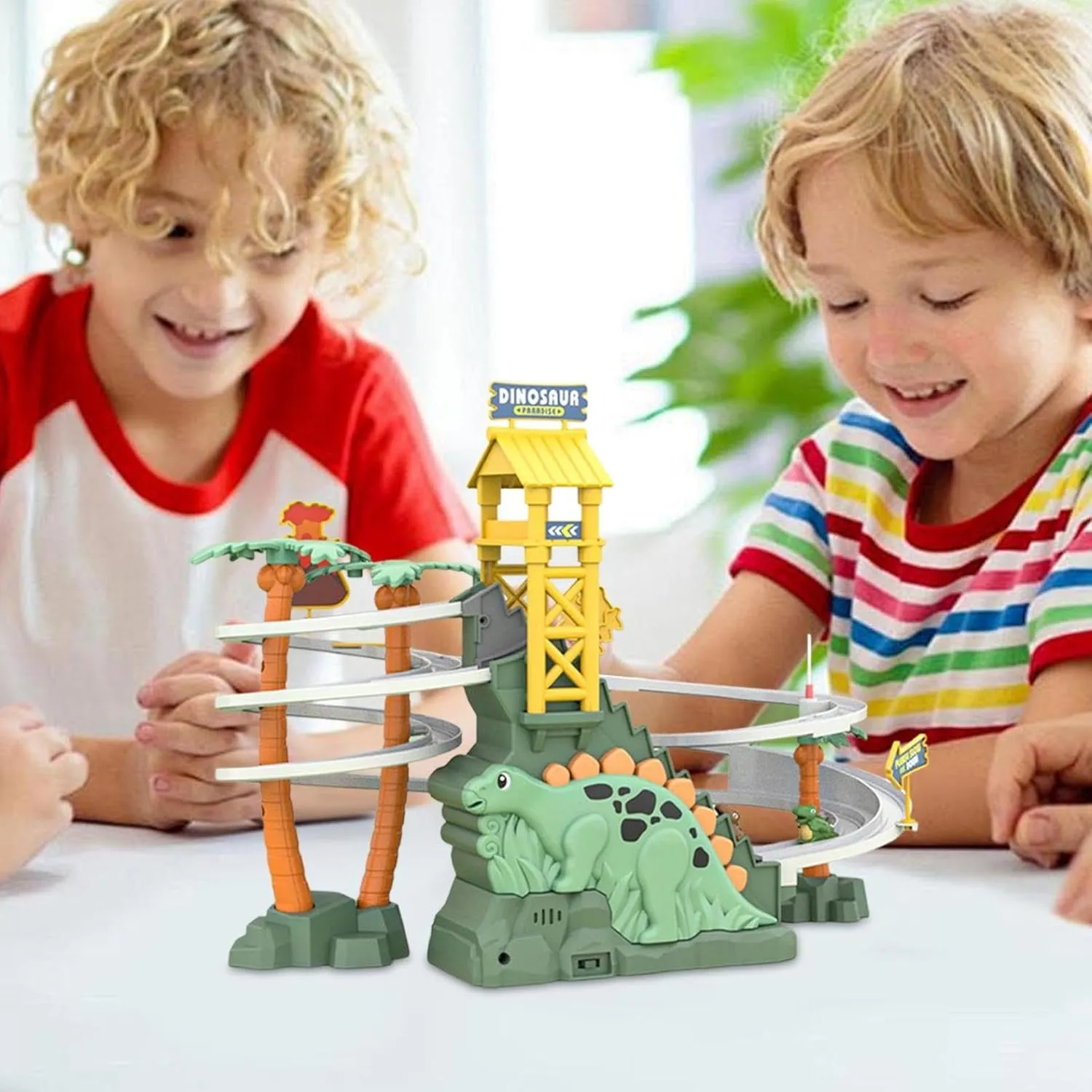 Dinosaur Climbing Slide Music Toy, Dinosaur Climbing Stairs Toys, Electric Race Track Game Fun Track Slide Roller Coaster Toy for Children's Gifts (Dinosaur-B C)
