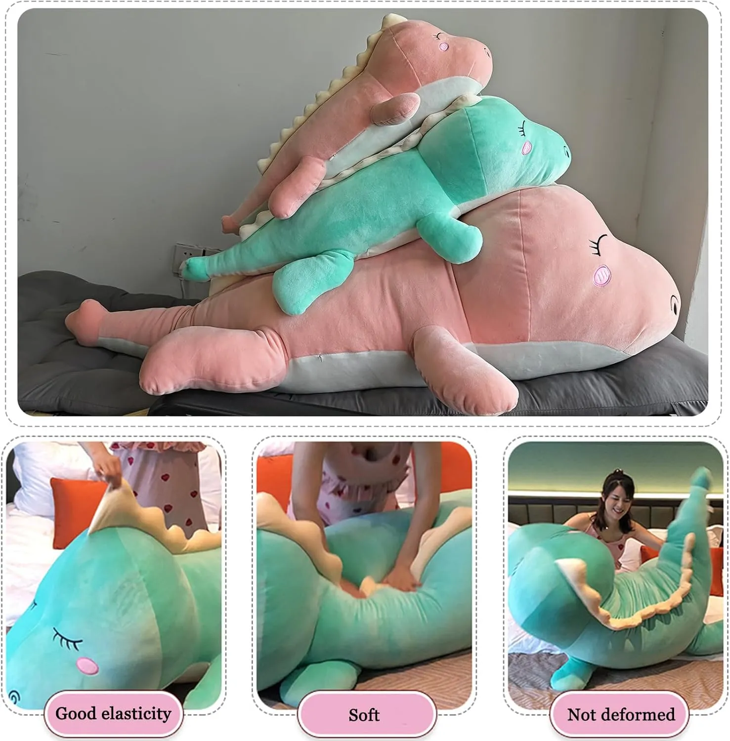 Dinosaur Plush Toy Soft Big Dino Stuffed Animals Body Pillow,Cute Long Dinosaur Plush Hugging Pillow Lumbar Back Cushion Toys Doll Gifts for Kids (Pink - Happy, 100cm/39.3inch)