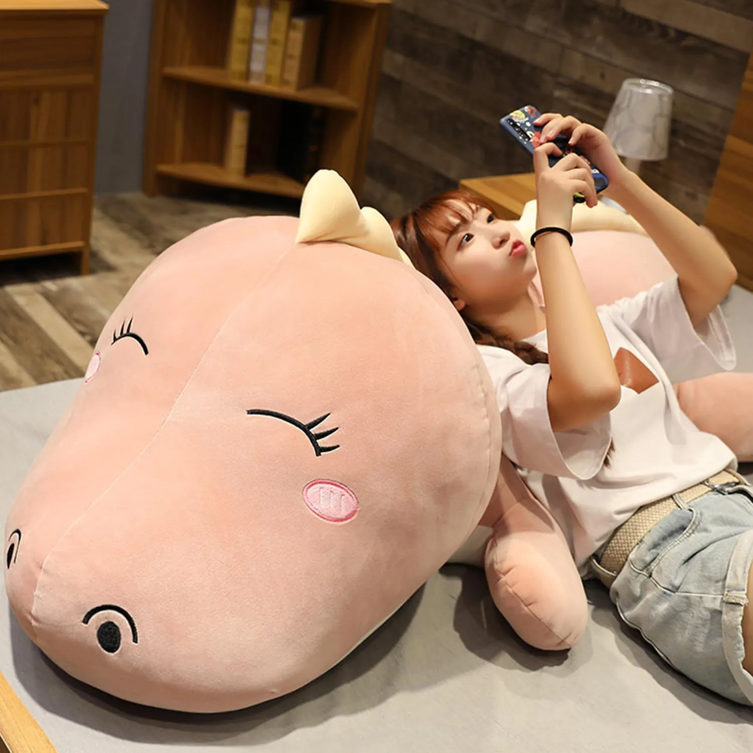 Dinosaur Plush Toy Soft Big Dino Stuffed Animals Body Pillow,Cute Long Dinosaur Plush Hugging Pillow Lumbar Back Cushion Toys Doll Gifts for Kids (Pink - Happy, 100cm/39.3inch)