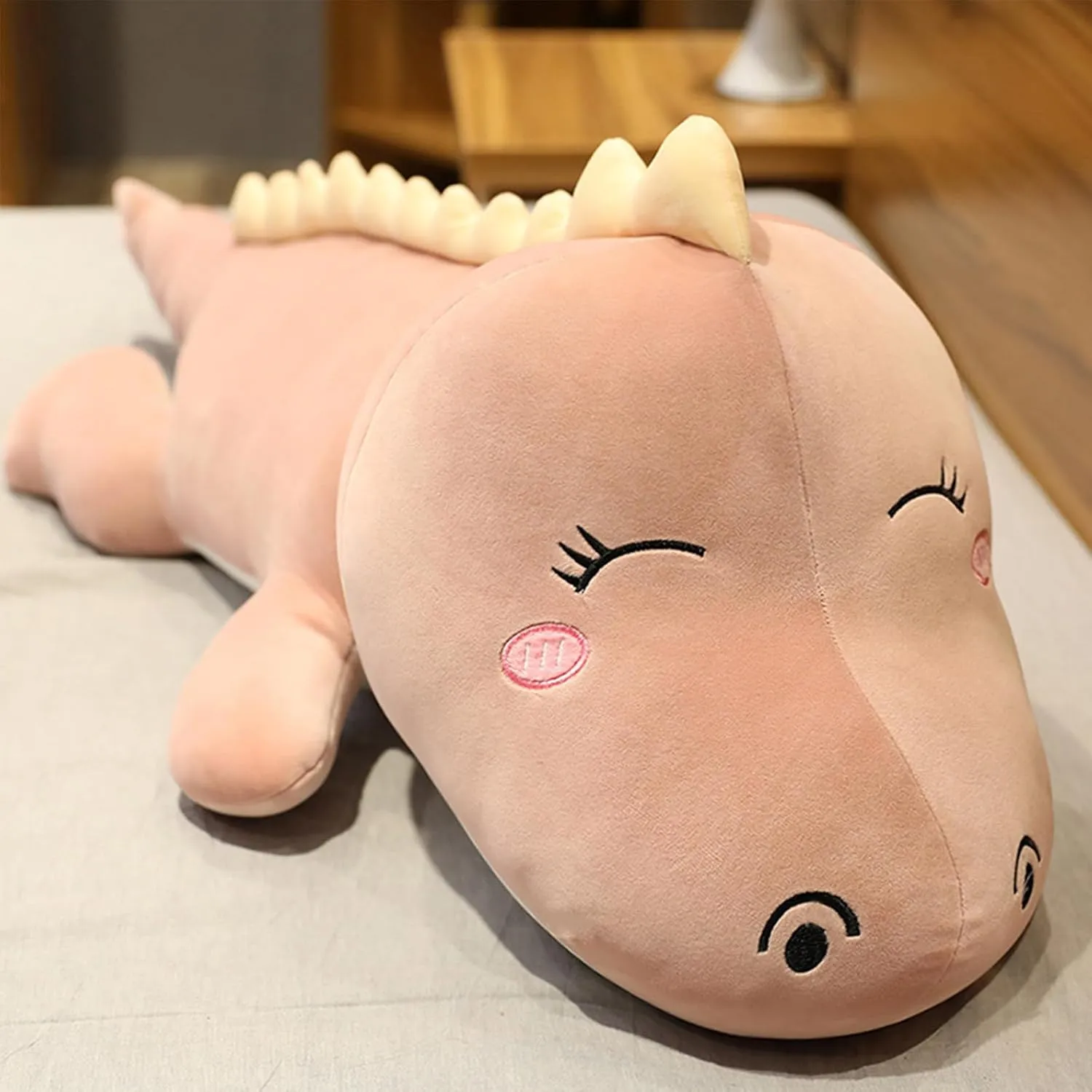 Dinosaur Plush Toy Soft Big Dino Stuffed Animals Body Pillow,Cute Long Dinosaur Plush Hugging Pillow Lumbar Back Cushion Toys Doll Gifts for Kids (Pink - Happy, 100cm/39.3inch)