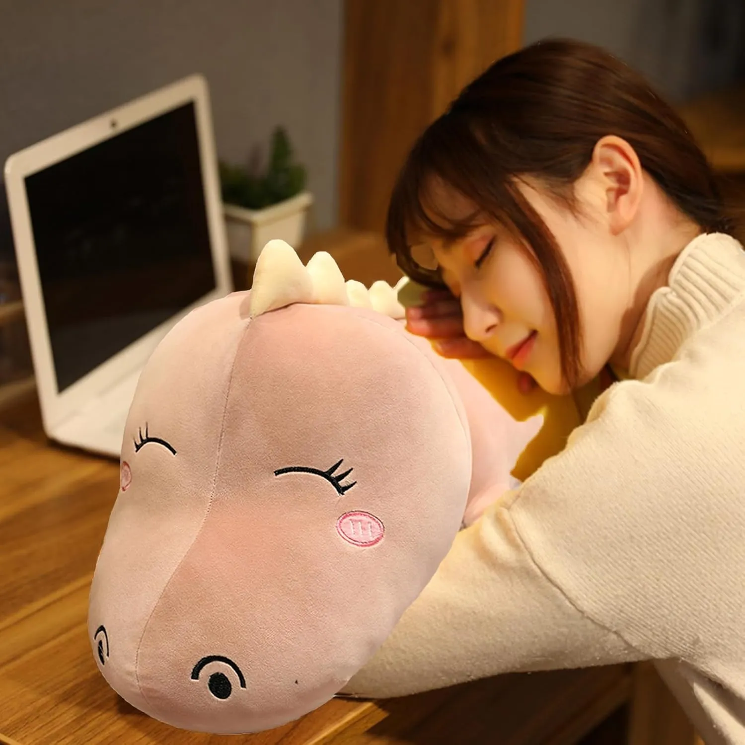 Dinosaur Plush Toy Soft Big Dino Stuffed Animals Body Pillow,Cute Long Dinosaur Plush Hugging Pillow Lumbar Back Cushion Toys Doll Gifts for Kids (Pink - Happy, 100cm/39.3inch)