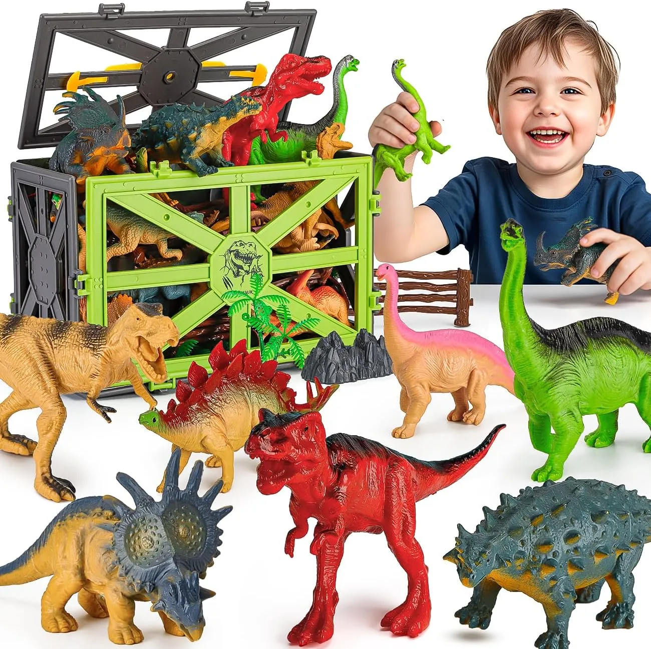 Dinosaur Toys for Kids 3-5, 31PCS Realistic Plastic Dinosaur Figures with Stone&Tree&Fence in Storage Cage for Toddlers Ages 5-7, Dino Toys Gifts for 3 4 5 Year Old Boys Girls