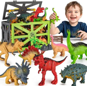 Dinosaur Toys for Kids 3-5, 31PCS Realistic Plastic Dinosaur Figures with Stone&Tree&Fence in Storage Cage for Toddlers Ages 5-7, Dino Toys Gifts for 3 4 5 Year Old Boys Girls