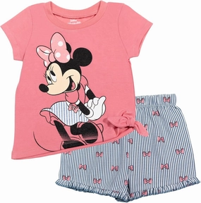 Disney Minnie Mouse Rainbow Floral T-Shirt and Chambray Shorts Outfit Set Infant to Big Kid Sizes (12 Months - 14-16)