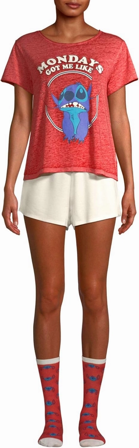 Disney Women's Stitch Mondays Got Me Like 3 Piece Short Pajama Set, (Size Small, Red Multi)