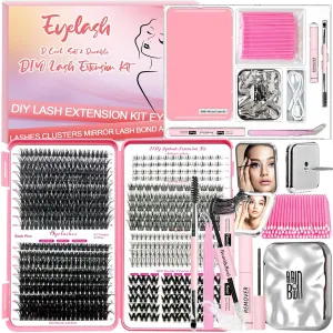 DIY Lash Extension Kit 584pcs Lashes Clusters with Bottom Lashes,1X/2X Magnification Compact Mirror with Light,Lash Bond and Seal,Eyelash Remover Tweezers Applicator Mascara Brush