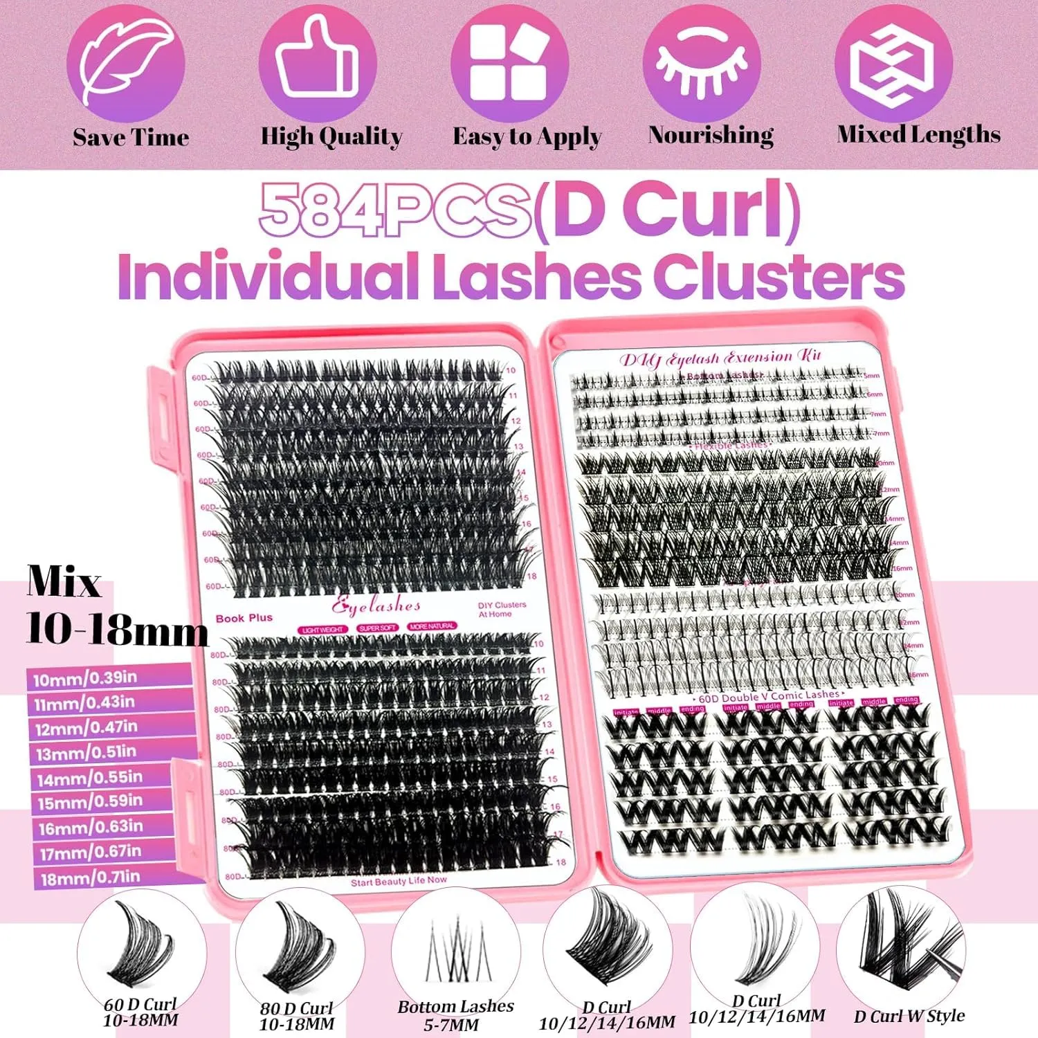DIY Lash Extension Kit 584pcs Lashes Clusters with Bottom Lashes,1X/2X Magnification Compact Mirror with Light,Lash Bond and Seal,Eyelash Remover Tweezers Applicator Mascara Brush