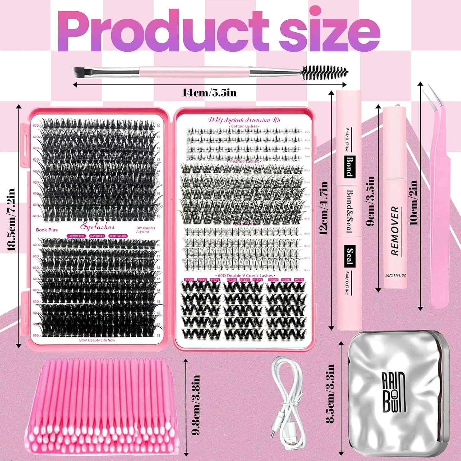 DIY Lash Extension Kit 584pcs Lashes Clusters with Bottom Lashes,1X/2X Magnification Compact Mirror with Light,Lash Bond and Seal,Eyelash Remover Tweezers Applicator Mascara Brush