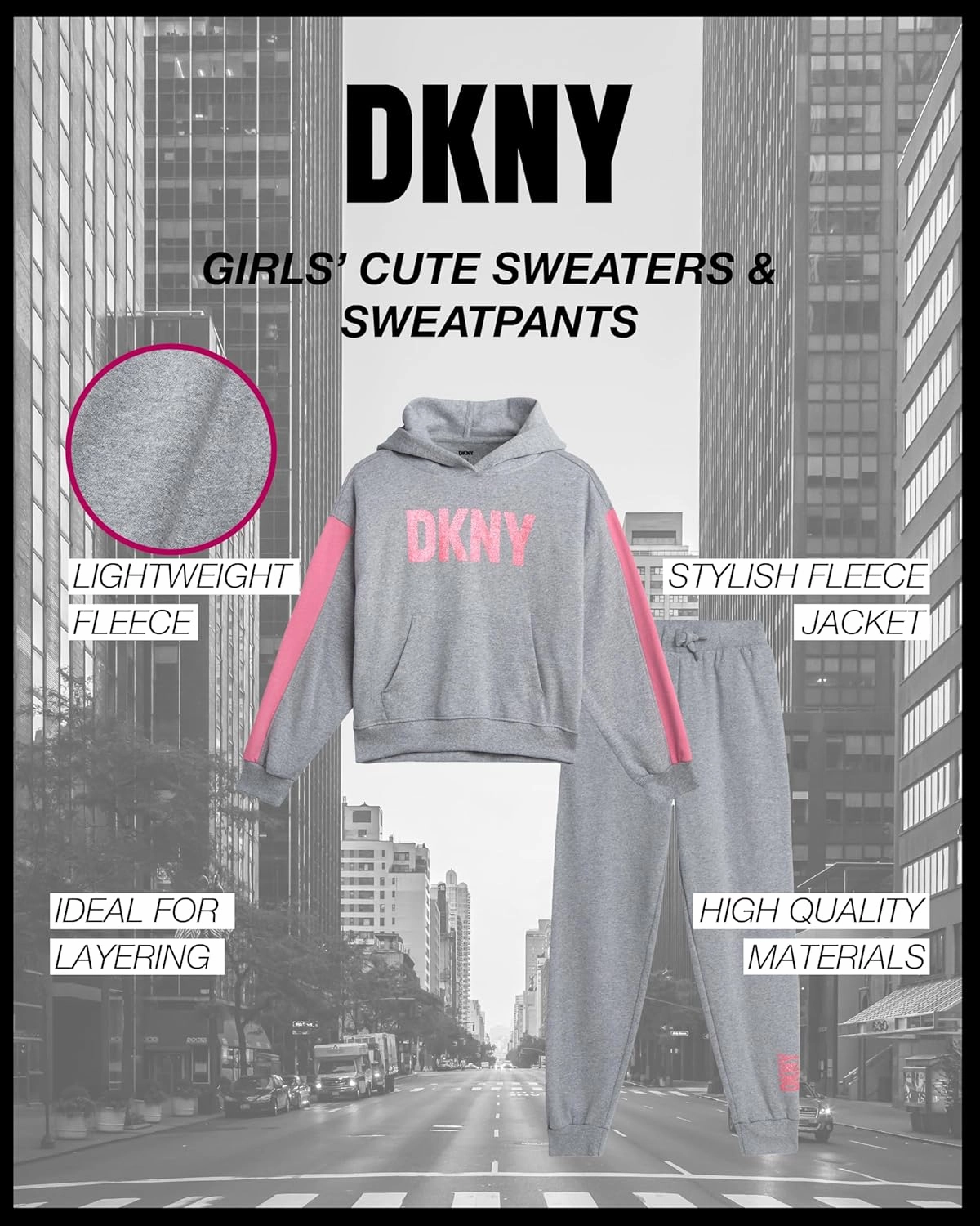 DKNY Girls' Jogger Set - 2 Piece Soft Fleece Athletic Pullover Hooded Sweatshirt and Jogger Sweatpants for Girls (Sizes:7-12)