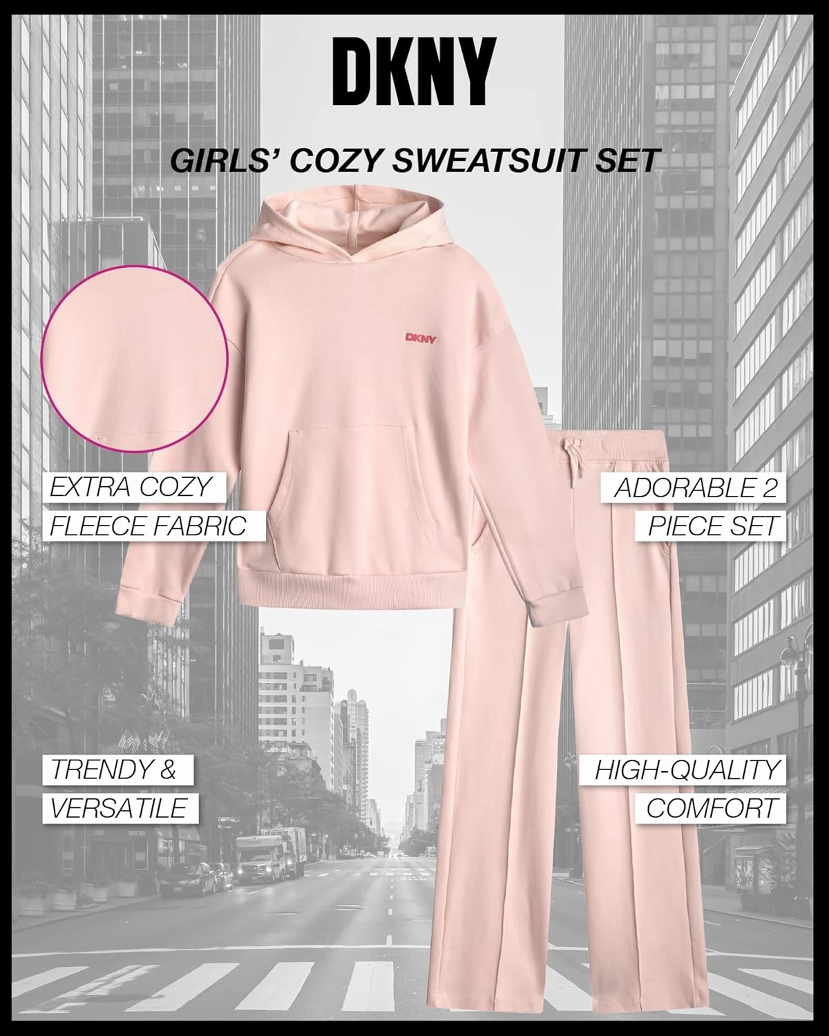 DKNY Girls' Jogger Set - 2 Piece Soft Fleece Athletic Pullover Hooded Sweatshirt and Jogger Sweatpants for Girls (Sizes:7-12)