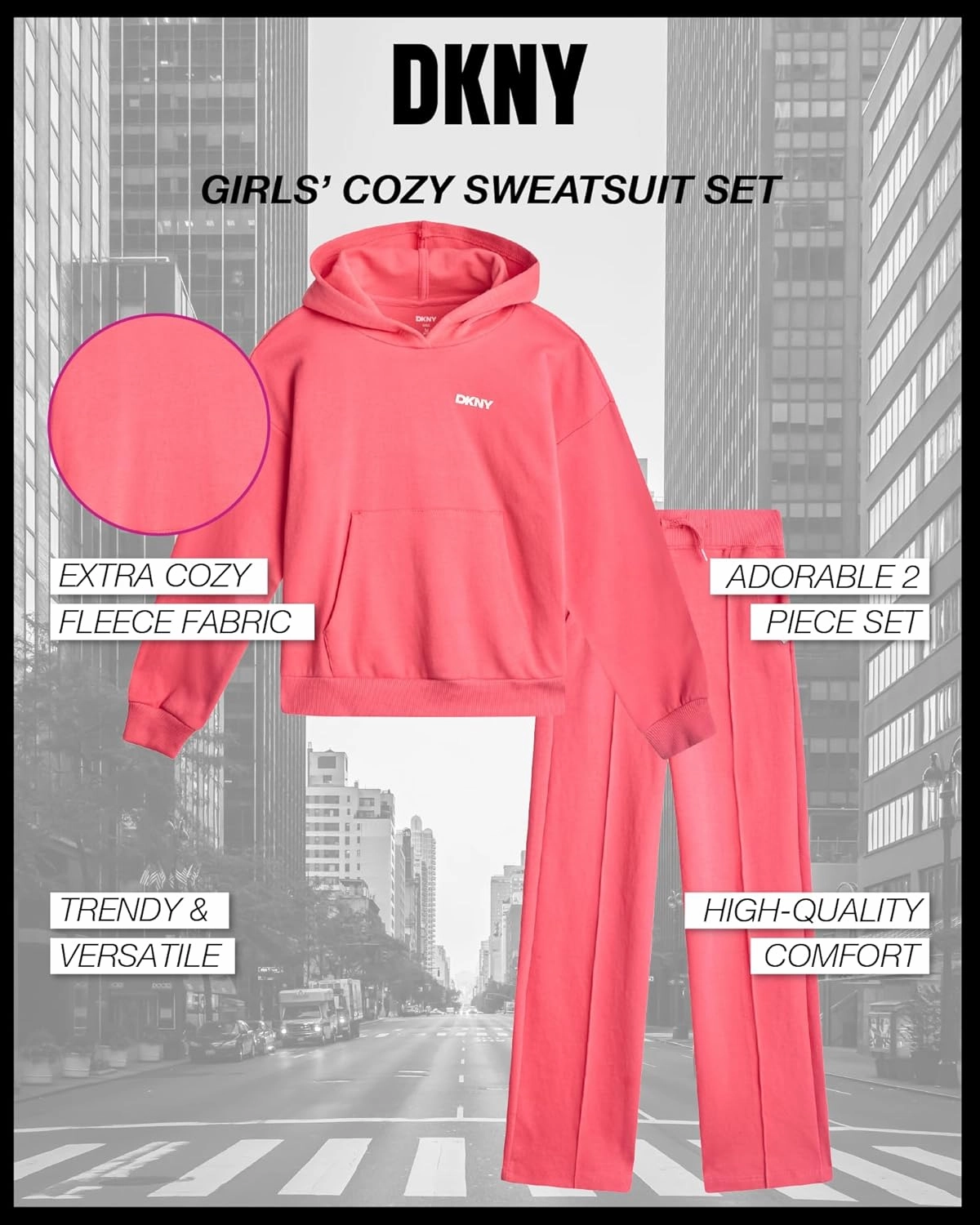 DKNY Girls' Jogger Set - 2 Piece Soft Fleece Athletic Pullover Hooded Sweatshirt and Jogger Sweatpants for Girls (Sizes:7-12)