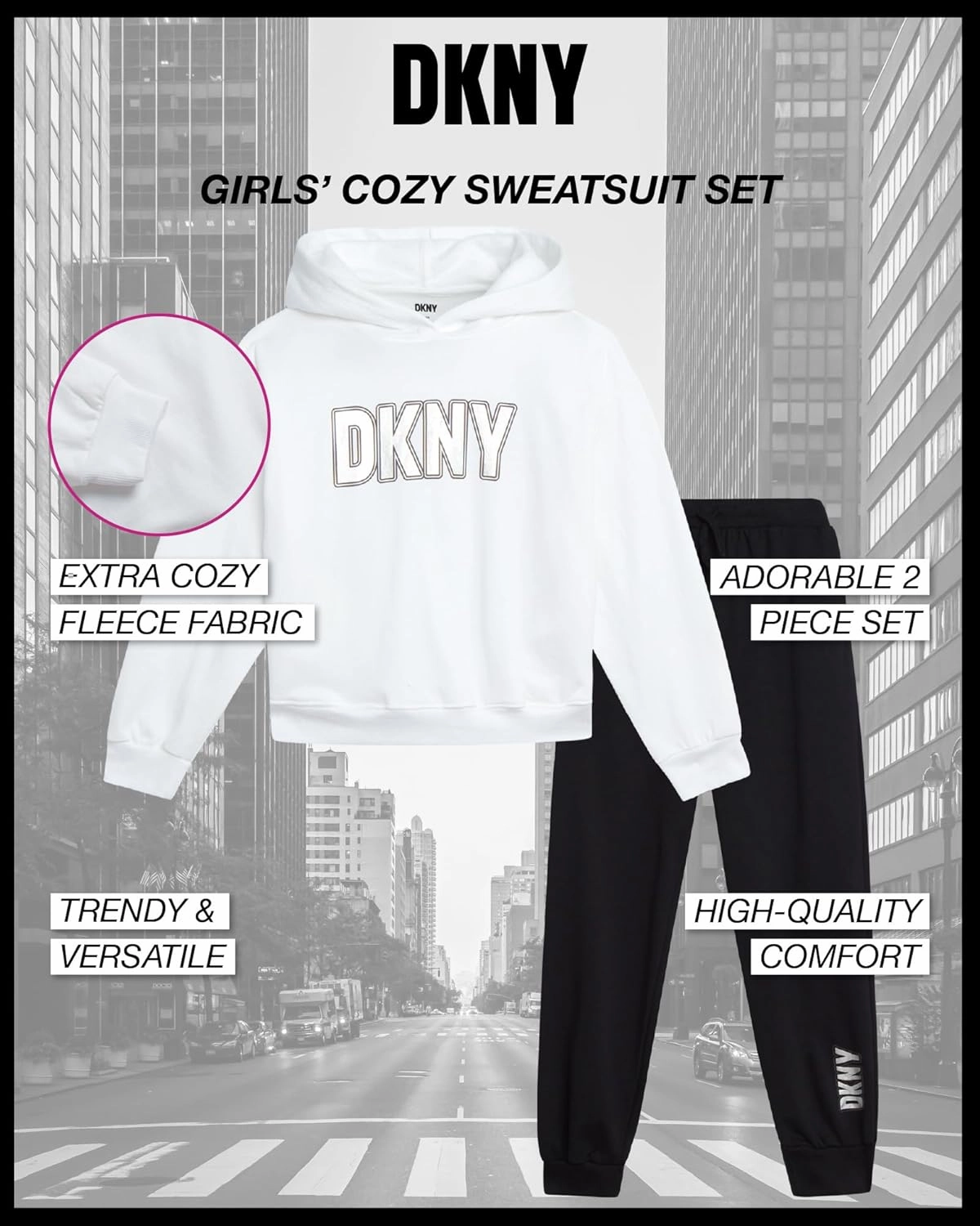 DKNY Girls' Jogger Set - 2 Piece Soft Fleece Athletic Pullover Hooded Sweatshirt and Jogger Sweatpants for Girls (Sizes:7-12)