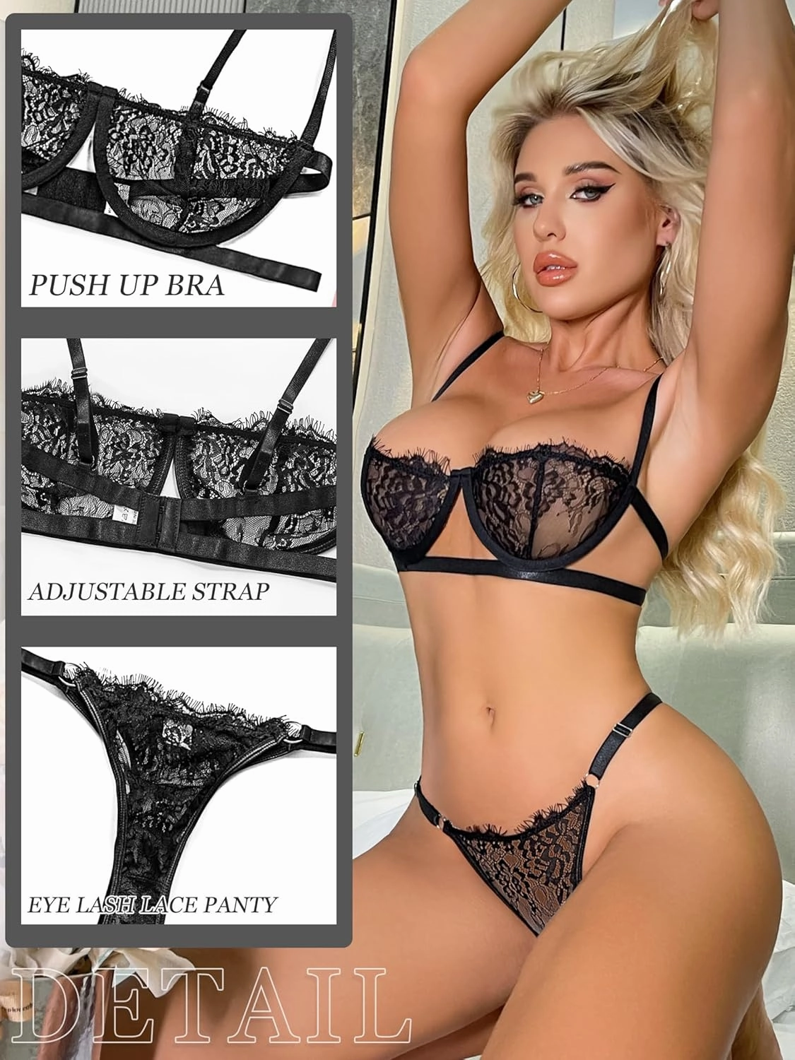 Dlsave Sexy Lingerie for Women Eyelash Lace Mesh Matching Bra and Panty Sets Push Up Lace Bralette 2 Piece Lingerie Set