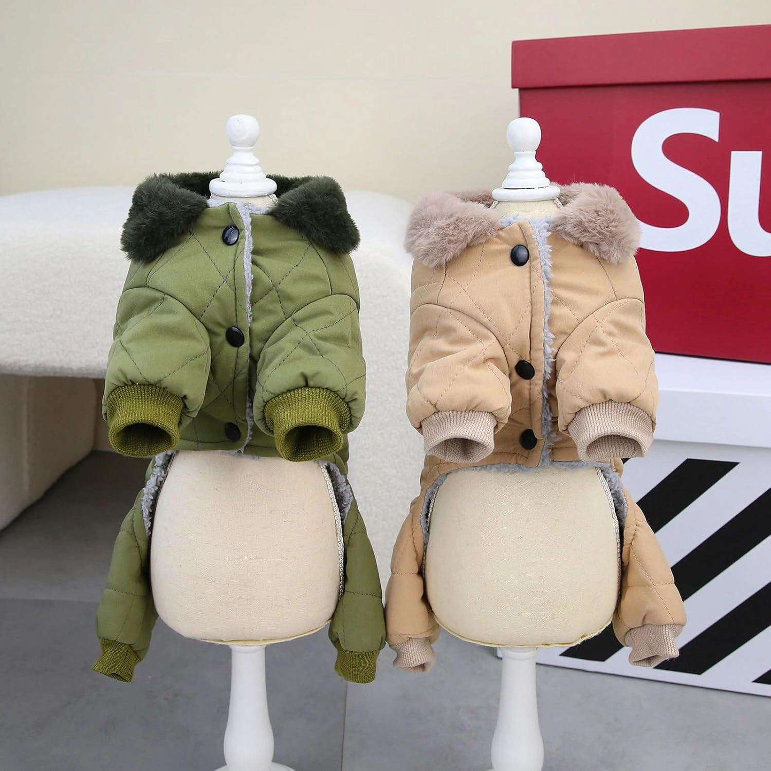 Dog Coat Jacket Windproof Cold Weather Coat 4 Legs Warm Dog Jumpsuit Winter Thick Clothes Snow Proof Coat Cotton Dog Coat for Small Dog Medium Dog Cat Khaki M