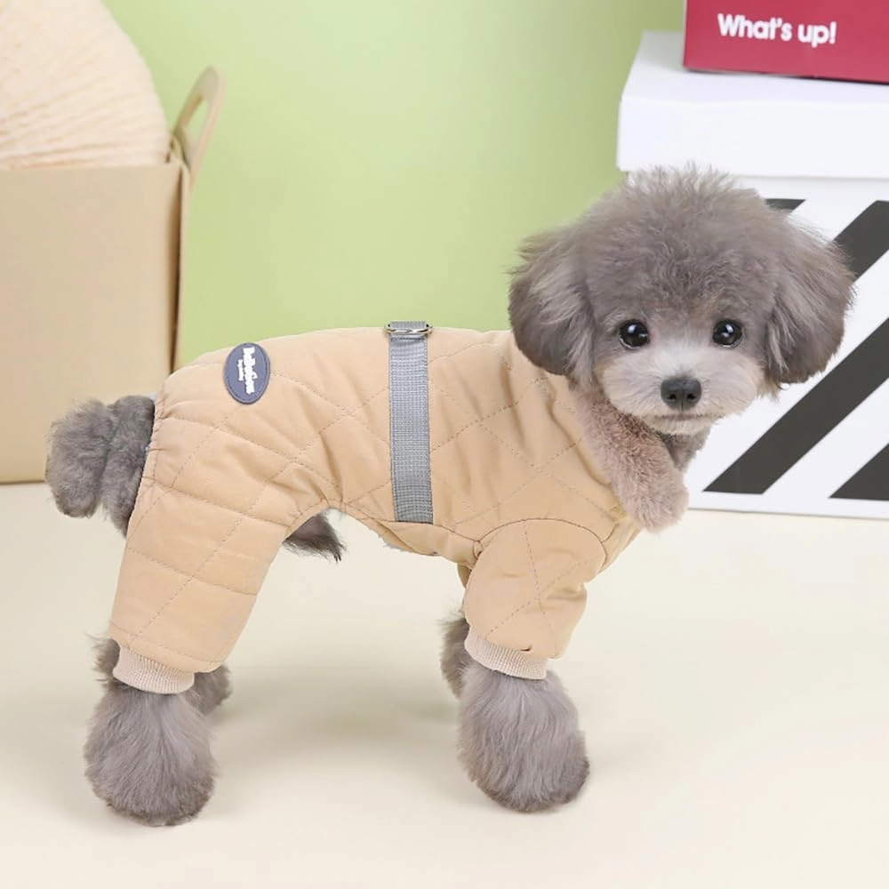 Dog Coat Jacket Windproof Cold Weather Coat 4 Legs Warm Dog Jumpsuit Winter Thick Clothes Snow Proof Coat Cotton Dog Coat for Small Dog Medium Dog Cat Khaki M